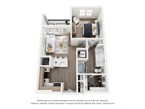 a stylized floor plan with a bedroom and a living room